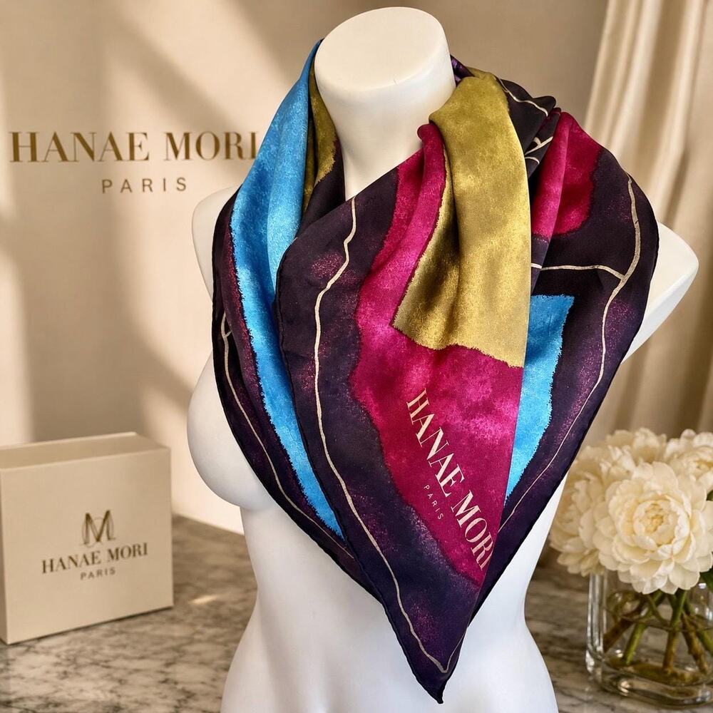Hanae Mori Paris Vintage Silk Scarf Abstract Jewel Tone Purple Fuchsia France 35